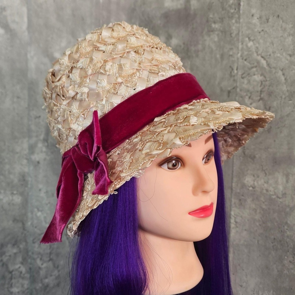 Vintage Susan Carol Belinda Ribbon Straw Cloche Hat Pink Velvet Bow‎ 60s JackieO